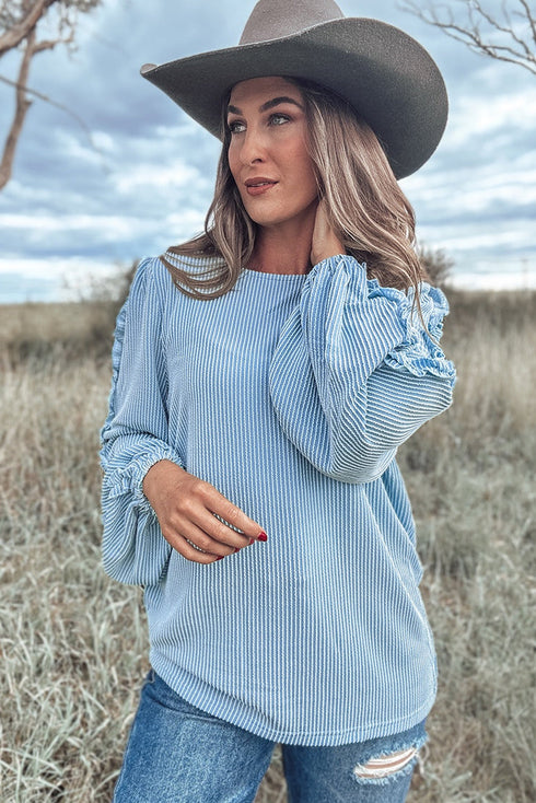 Corded Texture Puff Sleeve Round Neck Casual Blouse