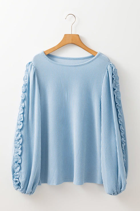 Corded Texture Puff Sleeve Round Neck Casual Blouse