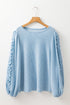 Corded Texture Puff Sleeve Round Neck Casual Blouse