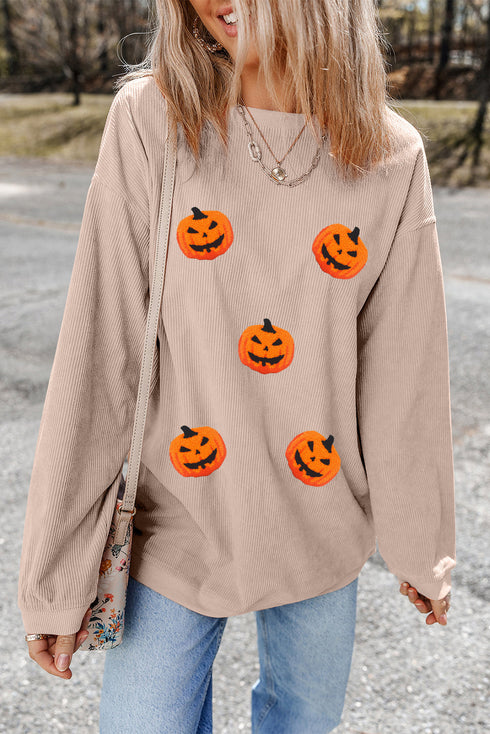 Corded Texture Pumpkin Patch Graphic Pullover Sweatshirt