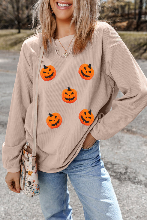 Corded Texture Pumpkin Patch Graphic Pullover Sweatshirt
