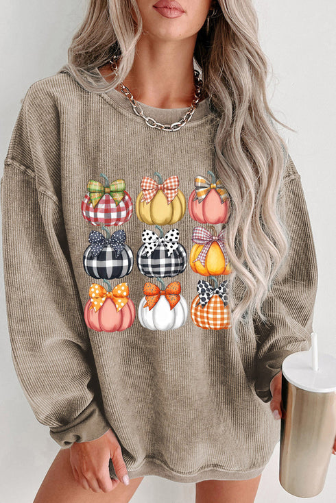 Corded Texture Pumpkin Patch Patterned Bow Graphic Sweatshirt