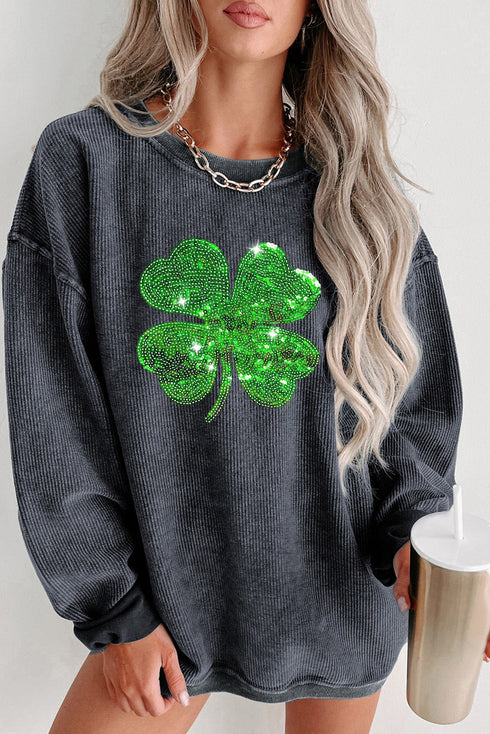 Corded Texture Sequin Four Leaf Clover Sweatshirt