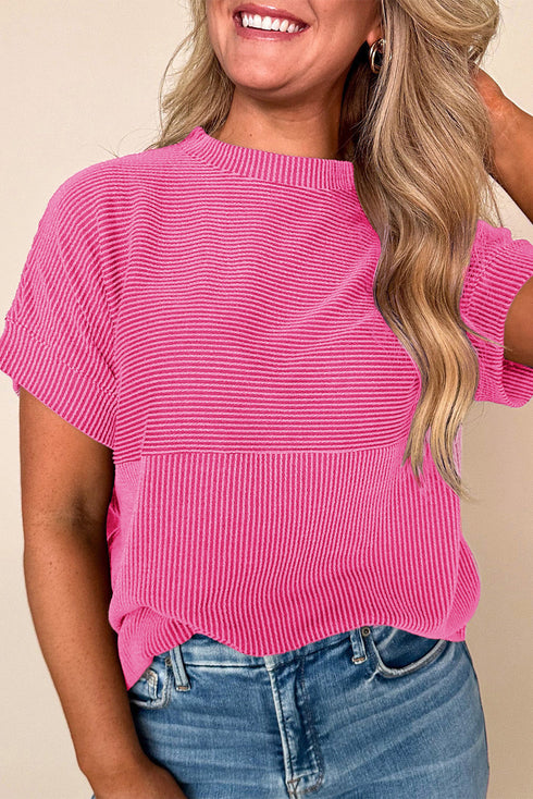 Corded Texture Short Sleeve Relaxed Fit Knit Mock Neck Tee