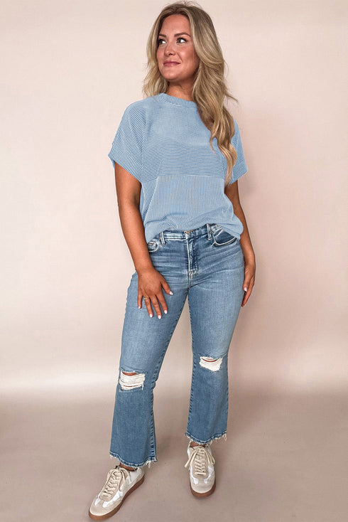 Corded Texture Short Sleeve Relaxed Fit Knit Mock Neck Tee