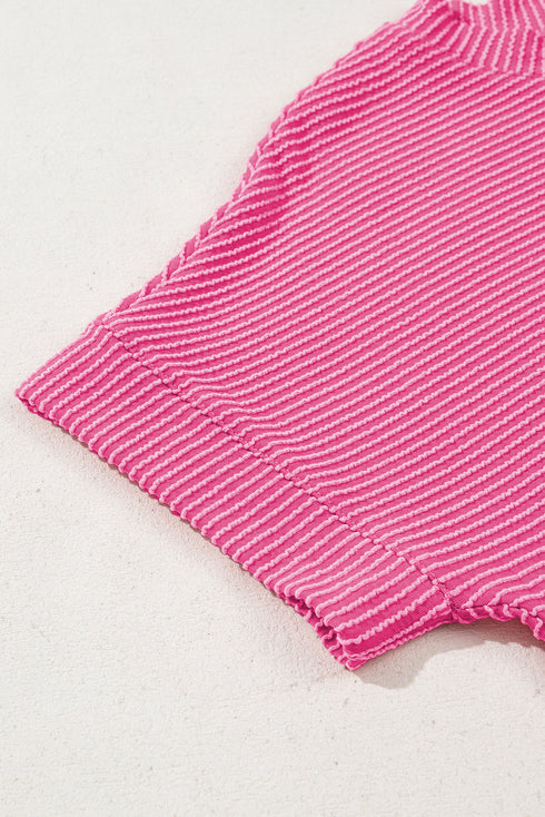 Corded Texture Short Sleeve Relaxed Fit Knit Mock Neck Tee