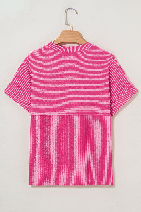 Corded Texture Short Sleeve Relaxed Fit Knit Mock Neck Tee