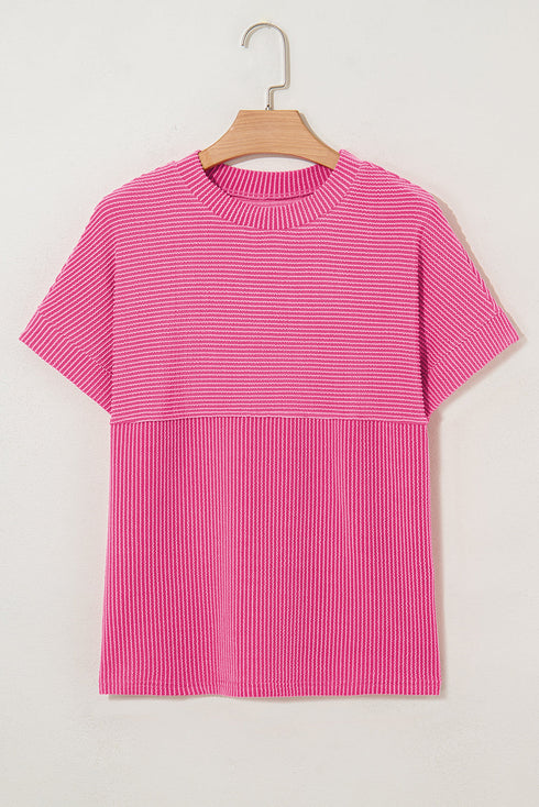 Corded Texture Short Sleeve Relaxed Fit Knit Mock Neck Tee