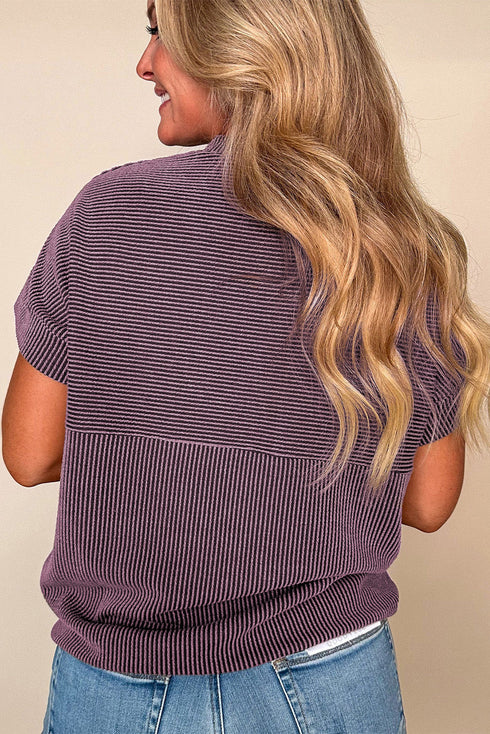 Corded Texture Short Sleeve Relaxed Fit Knit Mock Neck Tee