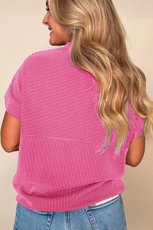 Corded Texture Short Sleeve Relaxed Fit Knit Mock Neck Tee