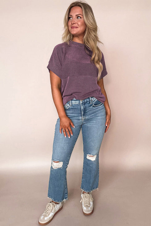 Corded Texture Short Sleeve Relaxed Fit Knit Mock Neck Tee