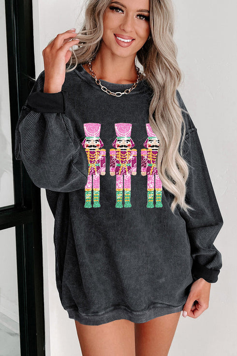 Corded Texture Toy Soldier Graphic Oversized Sweatshirt