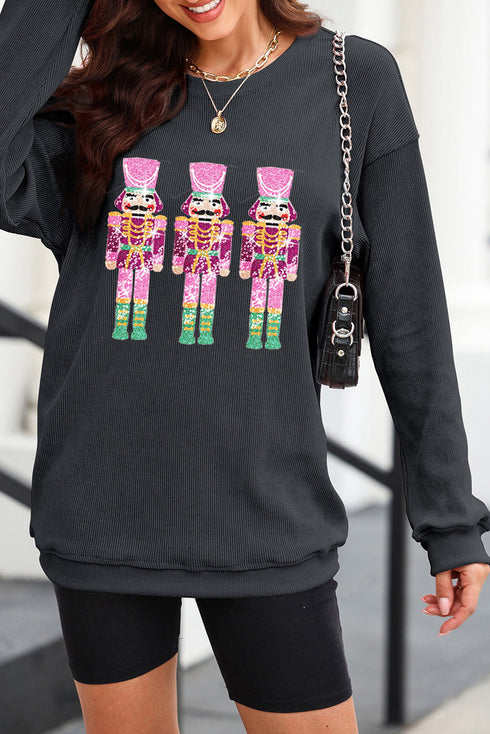 Corded Texture Toy Soldier Graphic Oversized Sweatshirt