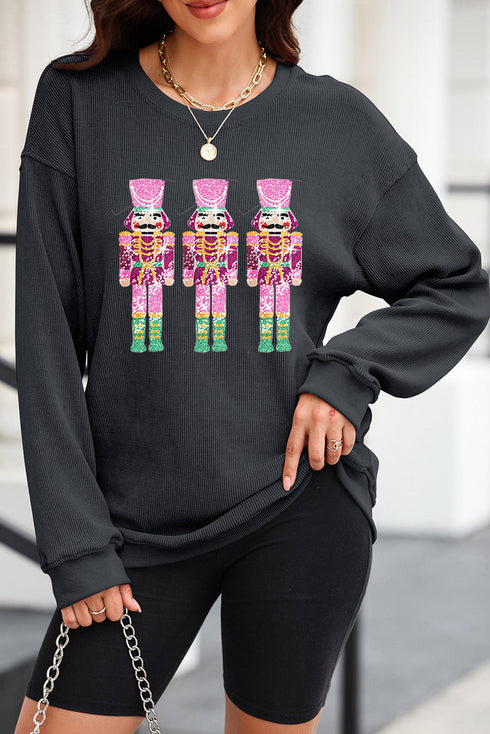 Corded Texture Toy Soldier Graphic Oversized Sweatshirt