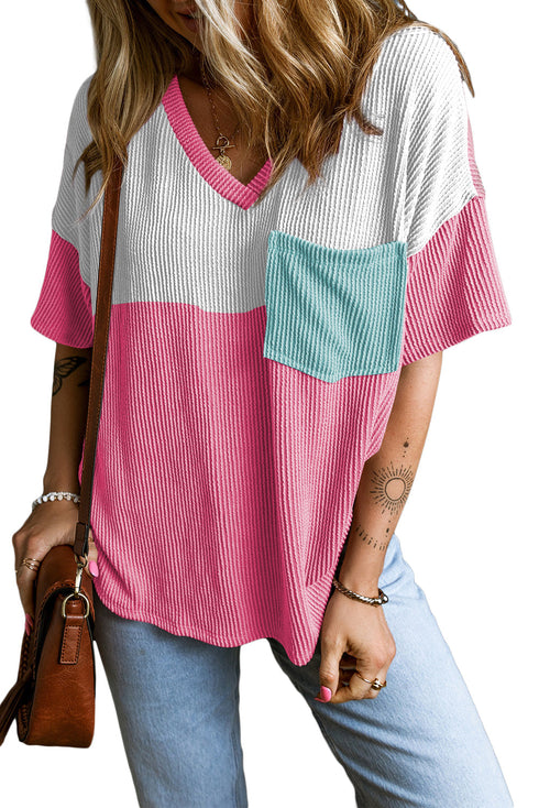 Corded Texture V Neck Patch Pocket Short Sleeve Tee