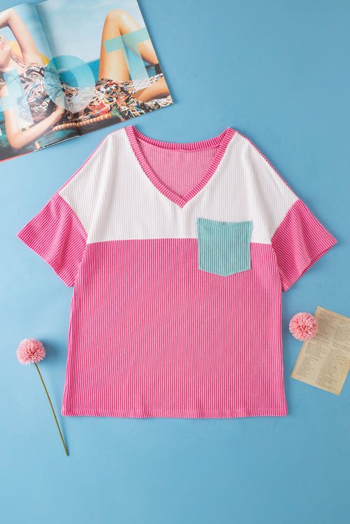 Corded Texture V Neck Patch Pocket Short Sleeve Tee