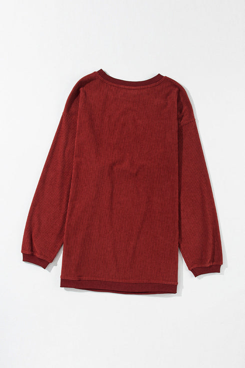 Corded Texture Varsity Patch Graphic Pullover Sweatshirt