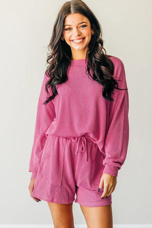 Corded Textured Casual Long Sleeve Short Set