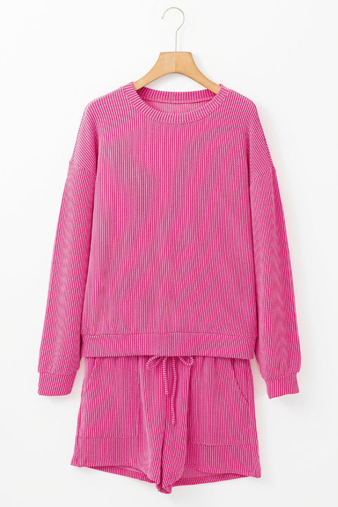 Corded Textured Casual Long Sleeve Short Set