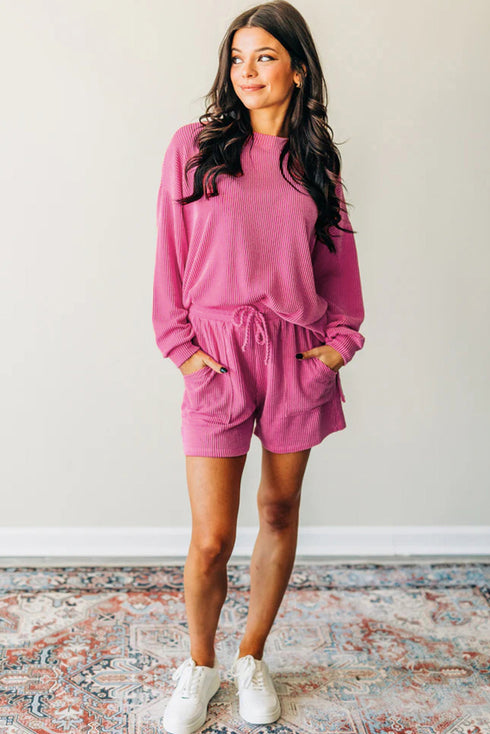 Corded Textured Casual Long Sleeve Short Set