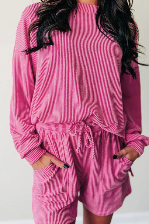 Corded Textured Casual Long Sleeve Short Set