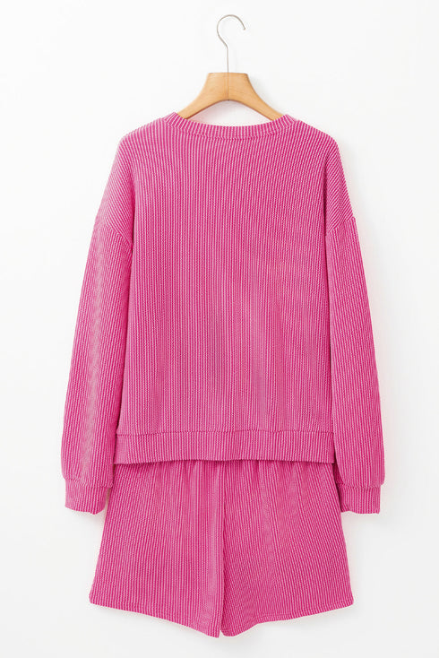 Corded Textured Casual Long Sleeve Short Set