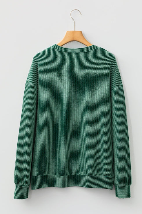 Corded Textured Graphic Print Long Sleeve Pullover Top