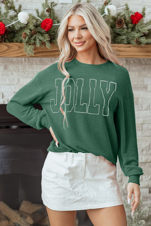Corded Textured Graphic Print Long Sleeve Pullover Top
