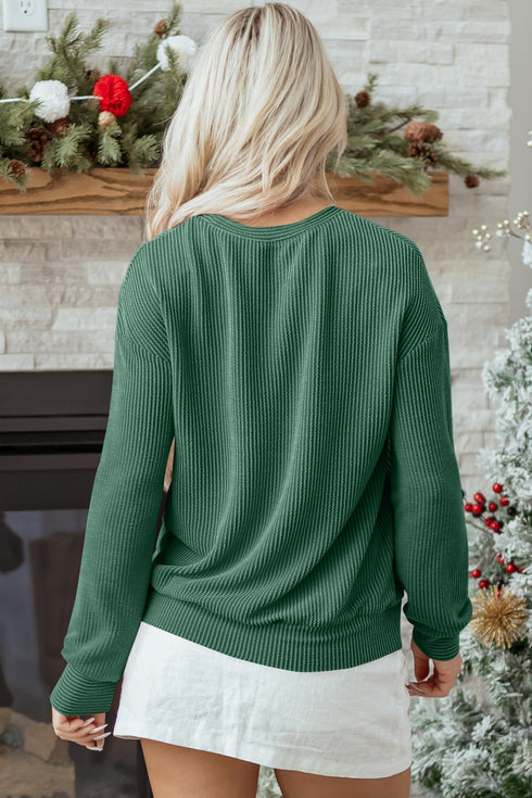 Corded Textured Graphic Print Long Sleeve Pullover Top