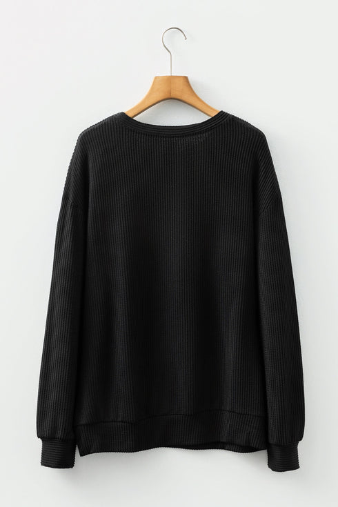Corded Textured Graphic Print Long Sleeve Pullover Top