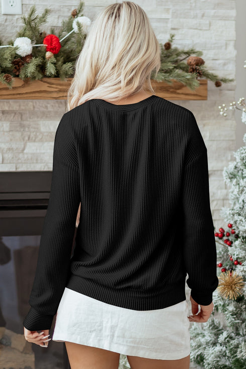 Corded Textured Graphic Print Long Sleeve Pullover Top
