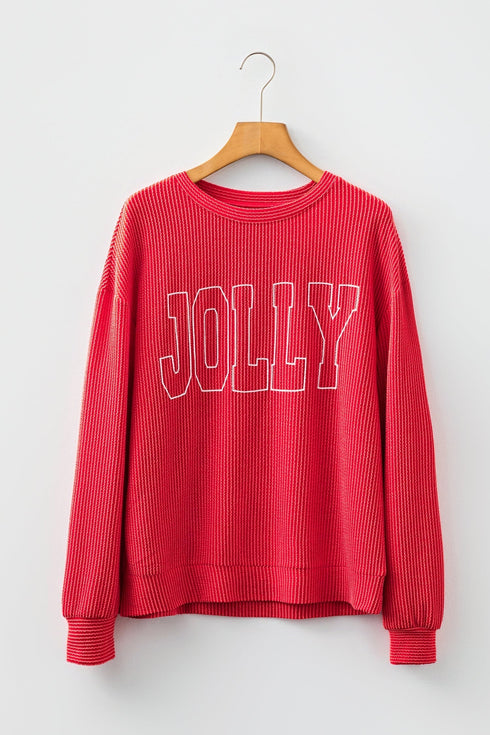 Corded Textured Graphic Print Long Sleeve Pullover Top