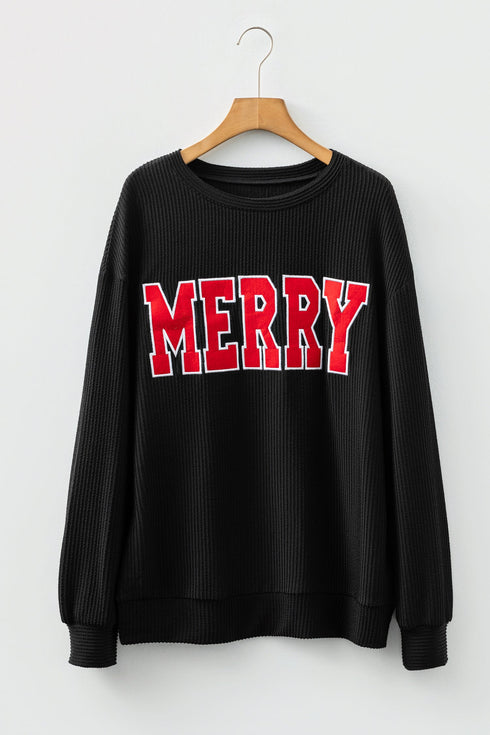 Corded Textured Graphic Print Long Sleeve Pullover Top