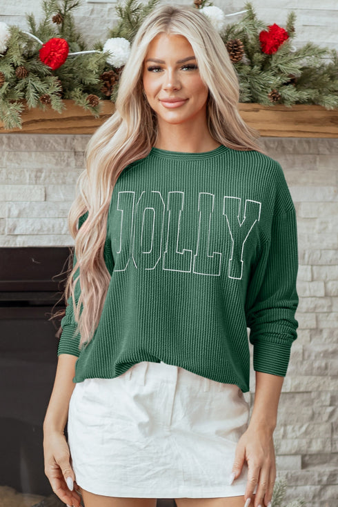 Corded Textured Graphic Print Long Sleeve Pullover Top