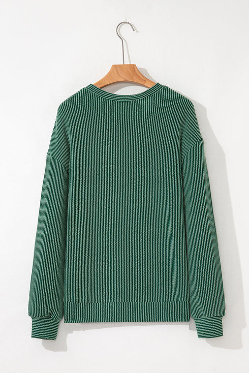 Corded Textured Graphic Print Long Sleeve Pullover Top