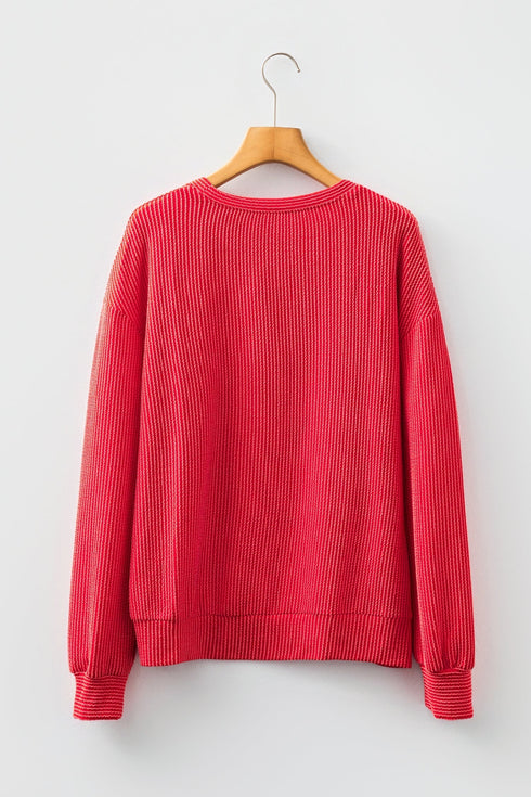 Corded Textured Graphic Print Long Sleeve Pullover Top