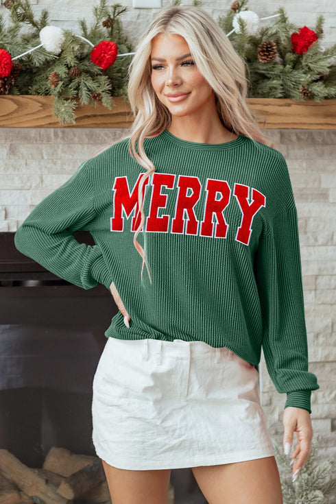 Corded Textured Graphic Print Long Sleeve Pullover Top