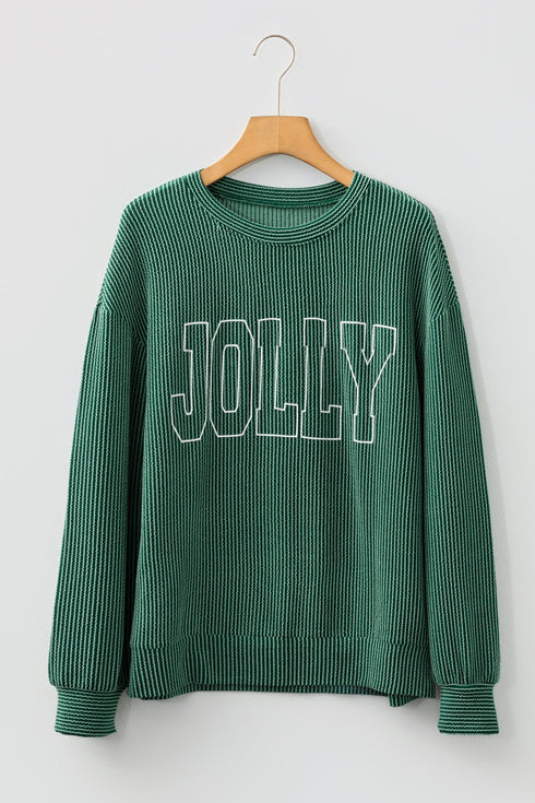 Corded Textured Graphic Print Long Sleeve Pullover Top