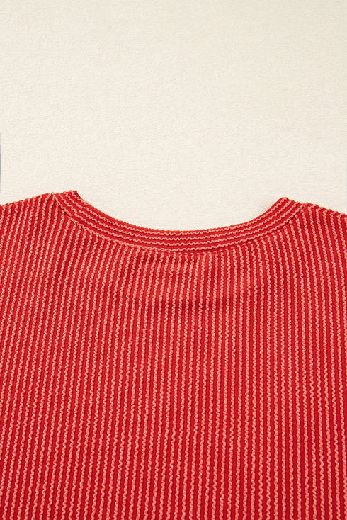 Corded Textured Graphic Print Long Sleeve Pullover Top