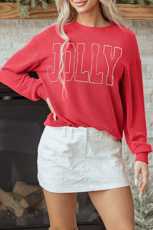 Corded Textured Graphic Print Long Sleeve Pullover Top