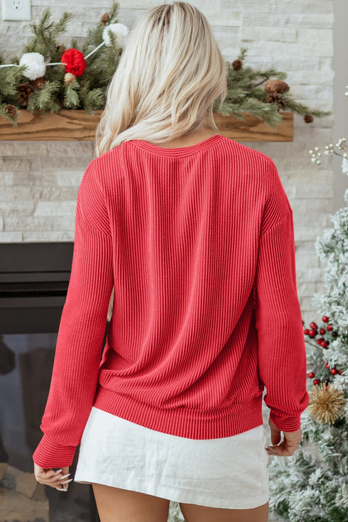 Corded Textured Graphic Print Long Sleeve Pullover Top