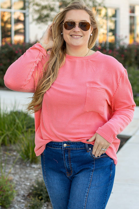 Corded Textured Solid Ribbed Long Sleeve Top