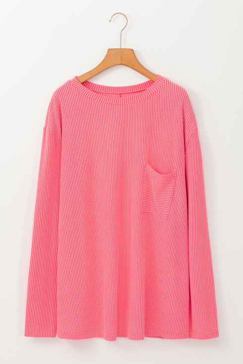 Corded Textured Solid Ribbed Long Sleeve Top