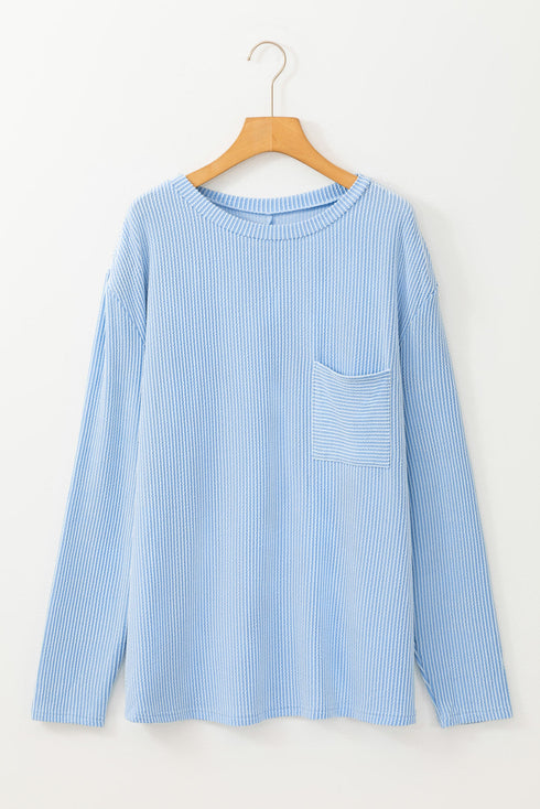 Corded Textured Solid Ribbed Long Sleeve Top