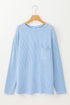 Corded Textured Solid Ribbed Long Sleeve Top