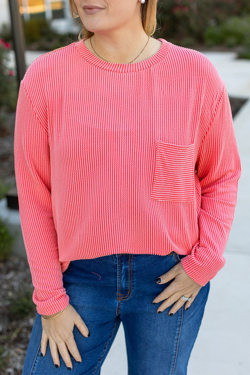 Corded Textured Solid Ribbed Long Sleeve Top