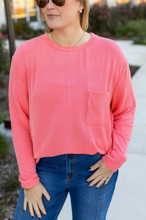 Corded Textured Solid Ribbed Long Sleeve Top
