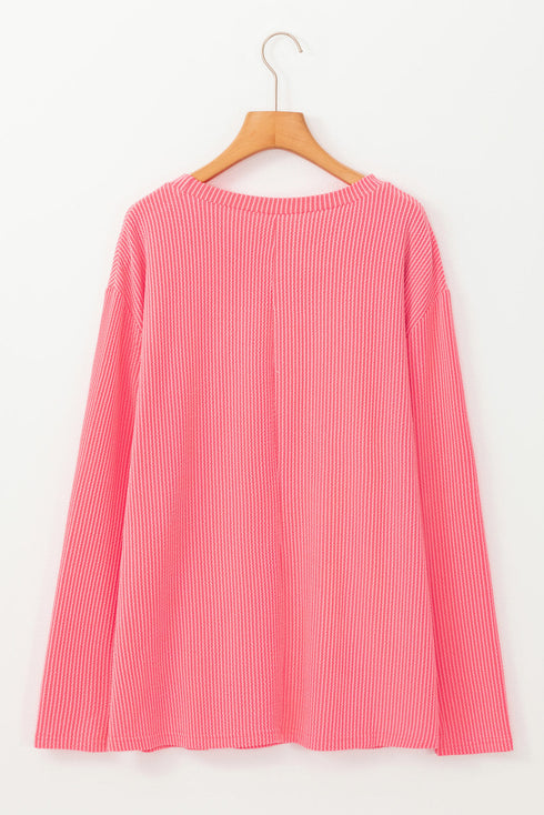 Corded Textured Solid Ribbed Long Sleeve Top