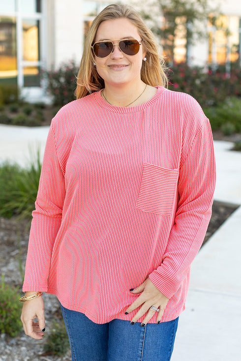 Corded Textured Solid Ribbed Long Sleeve Top