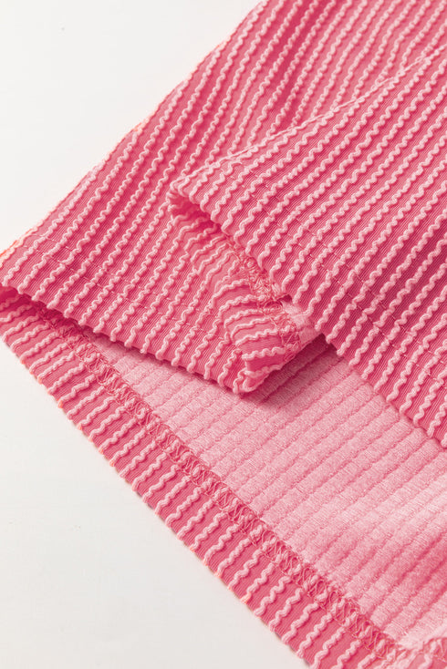 Corded Textured Solid Ribbed Long Sleeve Top